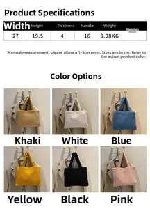 Detailed size chart and multi-color options for plush tote bag with fabric dimensions