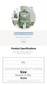Detailed size specifications for light green canvas backpack with 44cm height dimension