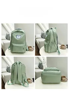 Detailed views of light green high-capacity backpack from front, side, and back angles