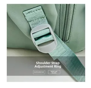 Detail of adjustable shoulder strap buckle and nylon webbing on light green backpack