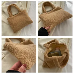 Detail views of brown plush tote bag showing grainy fuzzy texture and inner lining
