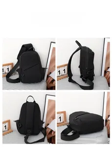 Detailed four-way view of a black nylon crossbody bag on a suitcase showing compartments