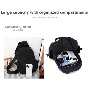 Internal view of black crossbody bag showing large capacity with umbrella and phone