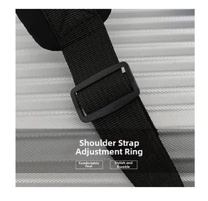 Detailed macro view of the adjustable buckle on a durable nylon shoulder strap for men