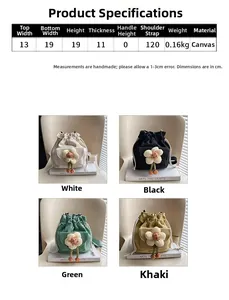 Detailed view of canvas bucket bag dimensions and four available colors with floral charms