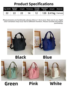 Specifiche dettagliate sulle dimensioni di una borsa in tela con misure e cinque colori