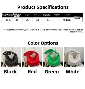 Detailed size guide and color options for the quilted rhombus puffer shoulder bag