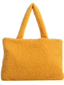 Minimalist yellow fuzzy plush tote bag made of soft teddy fleece for winter fashion