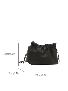 Black pleated cloud bag with chain strap and dimensions 20x14x8cm on white background