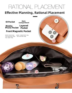 Detailed interior of vintage studded tote bag with multi-functional compartments and pockets