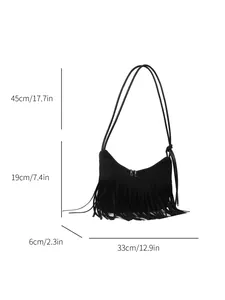 Chic black suede shoulder bag with tassels and detailed size dimensions in inches and cm