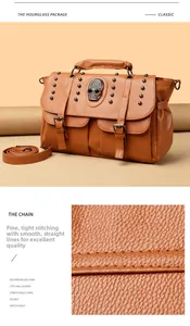 Detail of vintage brown studded handbag showing fine stitching and metal skull ornament