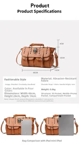 Detailed size specifications for the vintage brown rivet skull handbag with dimensions chart