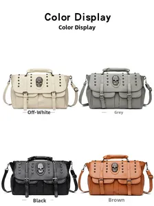 Quad view of punk style studded bags with skull charms in white grey black and brown