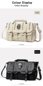 Detail view of retro skull crossbody bags with metallic studs in beige and black colors