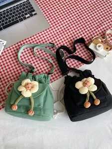 Women Cute Canvas Flower Bucket Bag Mini Drawstring Crossbody Bag Japanese Korean Style Small Shoulder Pouch Casual Tote