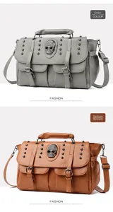 Detail of vintage punk handbags with metallic rivets and large skull ornaments in tan and grey