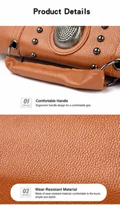 Detail of vintage studded handbag showing textured pebble leather and metallic rivet accents