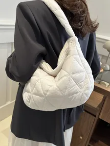 Women Quilted Shoulder Bag Lightweight Padded Oxford Hobo Bag Cloud Underarm Bag Large Capacity Casual Solid Color Tote