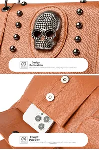 Macro detail of brown leather texture with skull hardware and front pocket for smartphone