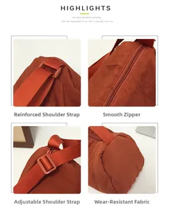 Detail view of reinforced straps, smooth zippers and durable nylon fabric of the shoulder bag