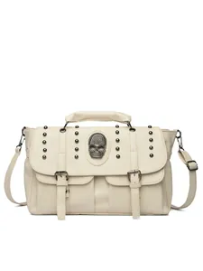 Retro punk off-white rivet handbag with skull emblem and crossbody strap for women