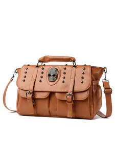 Retro punk brown lychee leather handbag with silver skull and metal rivet accents