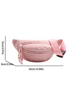 Pink sporty crossbody fanny pack for women with size dimensions on white background