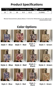 Ethnic linen tote bag size guide and color options chart with detailed product dimensions