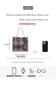 Detailed size guide for ethnic canvas tote bag showing dimensions and item capacity