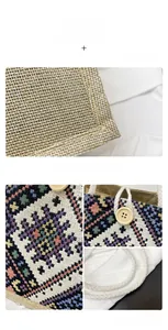 Detail of ethnic canvas tote featuring woven floral patterns and wooden button closure