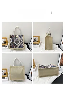 Ethnic embroidered canvas tote bag with wooden button shown from four different view angles