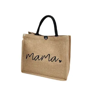 Minimalist jute tote bag with black mama script and heart print for women