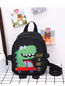 Black canvas dinosaur crossbody bag for kids with follow me dude cartoon print
