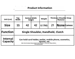 Detailed size guide and specifications chart for the large travel canvas duffel bag