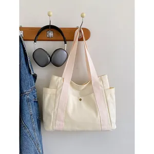 Bolso Tote De Lona De Gran Capacidad Para Mujer Estilo Mori Multibolsillo Bolso De Hombro Para Escuela Trabajo Compras Uso Diario Handbag