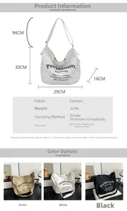 Tableau des tailles pour grand sac cabas en toile avec dimensions et détails de mesure