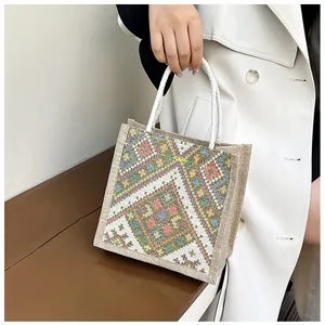 Ethnic pattern canvas tote bag detail with colorful geometric print and rope handles