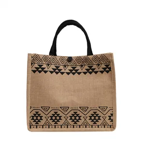 Large capacity jute tote bag with ethnic geometric patterns and sturdy black handles