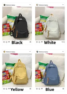 Detailed grid view of minimalist canvas backpacks in black, white, yellow, and blue colors