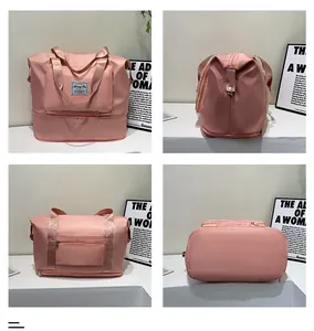 Pink large capacity travel bag with waterproof material and bottom shoe compartment