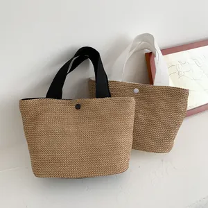 Women's Summer Straw Woven Tote Bag Contrast Canvas Handle Beach Handbag Minimalist Basket Bag With Magnetic Button Closure
