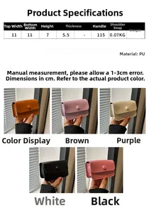 Mini PU leather crossbody bag size chart and five color options with gold chain strap