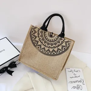 Bolso shopper de lino grande con patrón geométrico negro y asas redondas