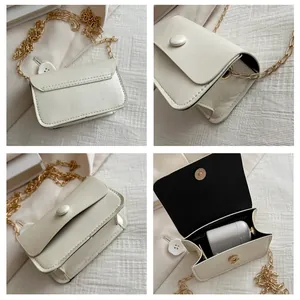 Detailed interior and exterior views of a white mini leather crossbody bag with gold chain