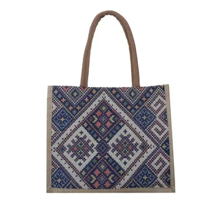 Bolso tote bohemio grande con patrones geométricos de jacquard y asas trenzadas