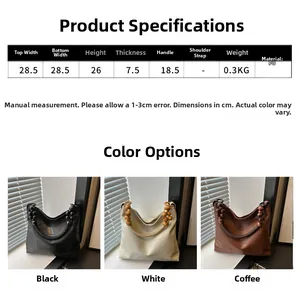 Detailed size chart and specifications for the large PU leather tote bag in three colors