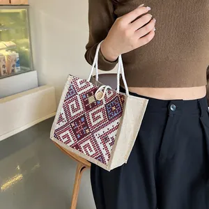 Ethnic canvas tote bag with bohemian patterns and wooden button for women