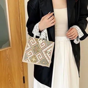 Ethnic style woven canvas handbag with colorful geometric diamond embroidery and rope handles