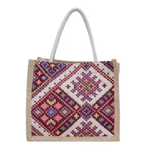 Ethnic style canvas tote bag with bohemian geometric pattern and rope handles